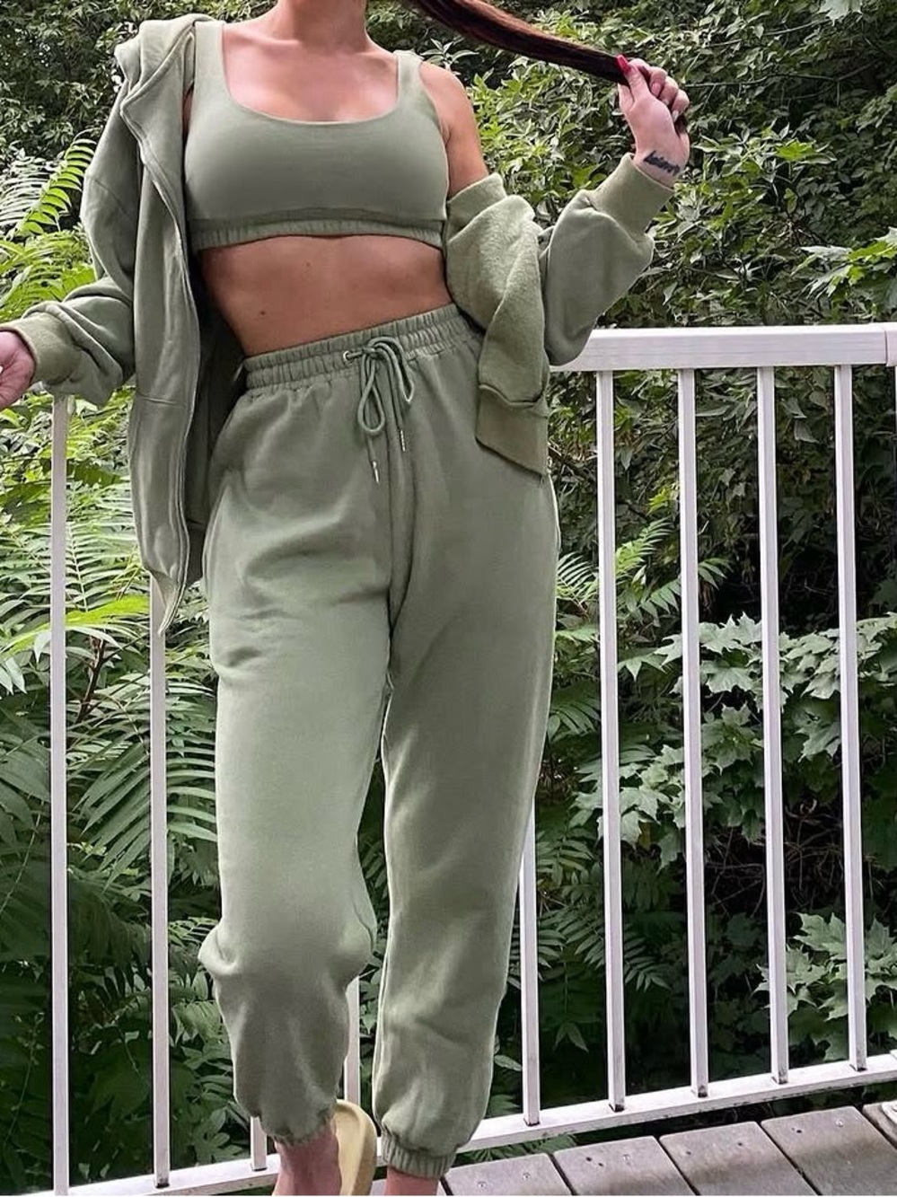 JLUXLABEL Sage Green 3-Piece Hoodie Jogger Lounge Set Size Small